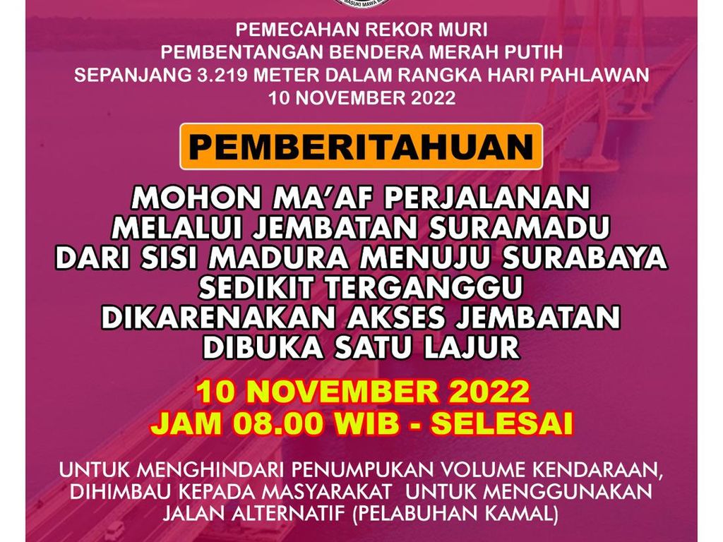 Ada Pemecahan Rekor Muri di Suramadu, Madura-Surabaya Dibuka Satu Lajur